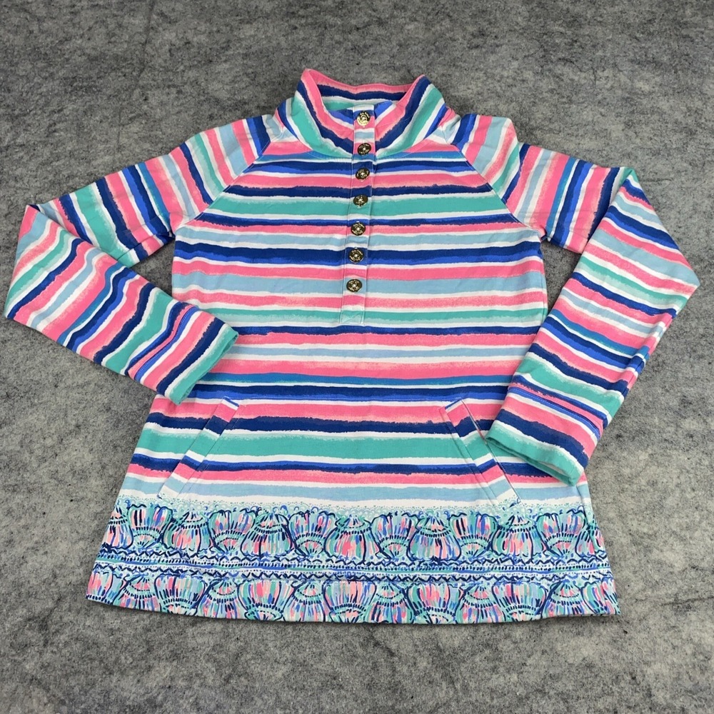 Lilly Pulitzer Women's Small Pink Blue Stripe‎ Shell Captain Popover Sweater UPF